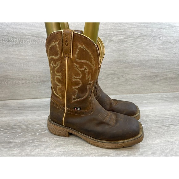 Justin Stampede Mens Brown Leather 9.5 Work Pull On Western Safety Shoes